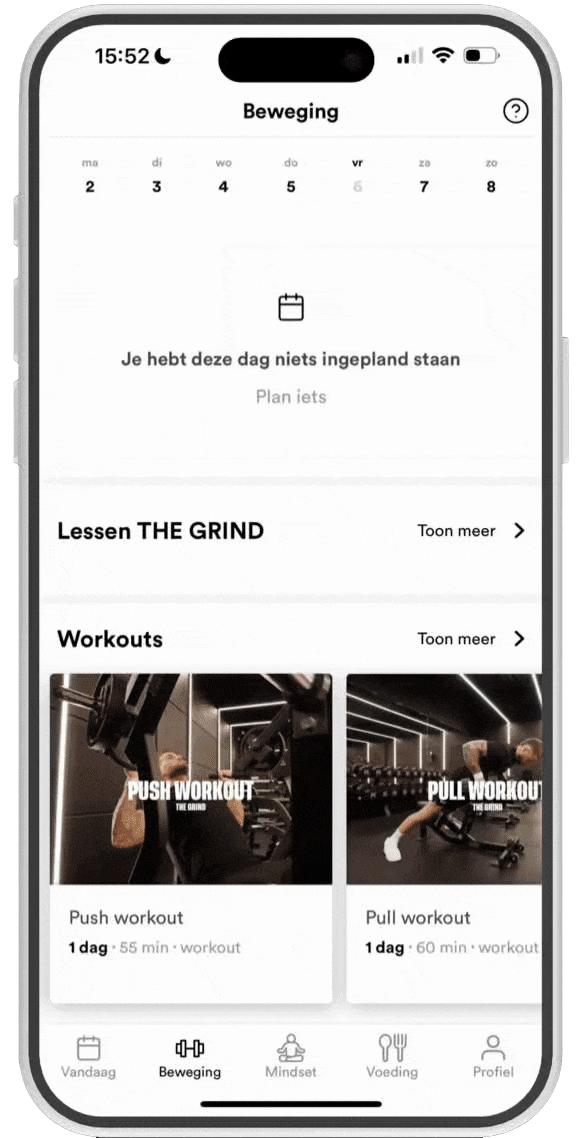 Écran de l'application montrant un calendrier et deux séances programmées.